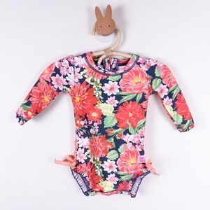 RuffleButts Rash Guard Swimsuit Baby 3-6m Navy Pink Floral Ruffle One Piece
